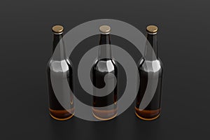 Three beer bottles 500ml mock up on black background