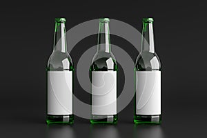 Three beer bottles 500ml mock up with blank label on black background