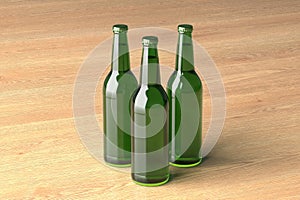 Three beer bottles 500ml mock up on wooden background