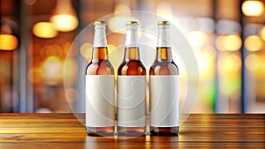 Three beer bottles mockup on a blurry bar background. AI generated Illustration