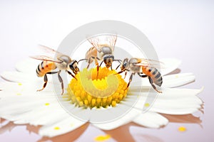 three bees on daisy petals collecting pollen