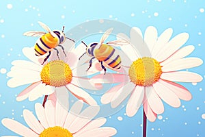 three bees on daisy petals collecting pollen