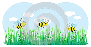 Three bees flying on flowers and grass, cartoon vector