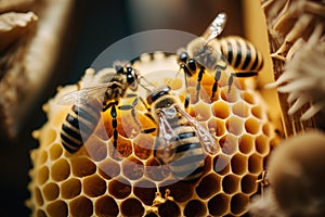 Three bees are working on honeycomb. Generative AI