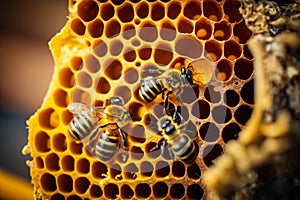 Three bees are working on honeycomb. Generative AI