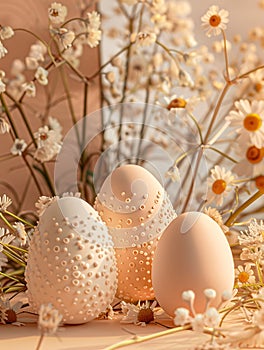 Three beige eggs decorated with dots on a background of flowers