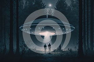 Three beings in front of a UFO in a clearing in the middle of the forest at night.