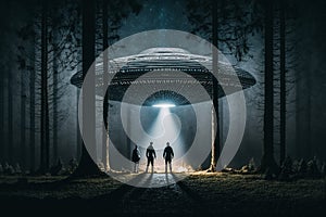 Three beings in front of a UFO in a clearing in the middle of the forest at night.