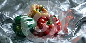 Three Bell Peppers on Silver Textured Background