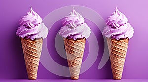 Three berry ice creams in cone isolated on purple background, sweet banner, Generative AI