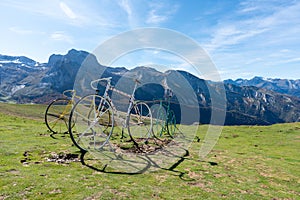 Three big bicycle at Aubisque Pass of the French Central Pyrenees,France photo