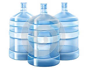 Three big bottles with clean blue water drink , isolated on a white background, realistic 3D vector illustration