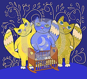 Three big fairy cats lull a small child. Lullaby background