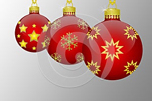 Three red hanging christmas tree balls with golden snowflakes and stars ornaments on a grey background