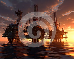 Three big sea oil platforms. Massive constructions with lights on. Cloudy sky at sunset in backdrop. Generative AI