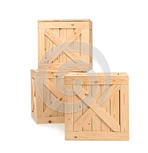 Three big wooden crates on white