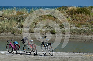 Three bikes on a beach