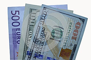 Three bills: new 100 dollars, old and 500 euros