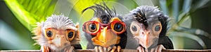 Three birds with big eyes and red beaks are sitting on a branch, AI photo