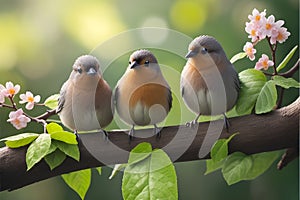 Three birds sitting on a tree branch with flowers in the background