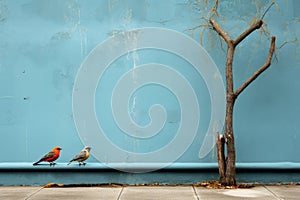 three birds sitting on a wall next to a tree