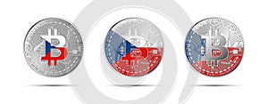 Three Bitcoin crypto coins with flag of Czech Republic. Czechia money of the future. Modern cryptocurrency