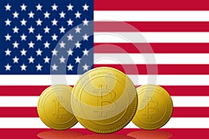 Three Bitcoin cryptocurrency with USA flag on background