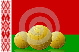 Three Bitcoins cryptocurrency with Bielorrusia flag on background photo