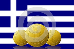 Three Bitcoins cryptocurrency with Grecia flag on background photo