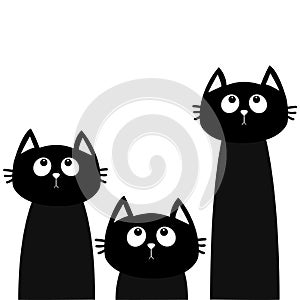 Three black cat set looking up. Friends forever. Cute cartoon character. Kawaii animal. Love Greeting card. Flat design style. Whi