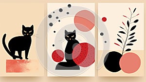 three black cats with red and pink flowers on a beige background