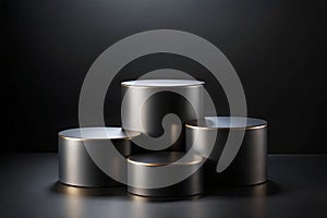 Three Black Cylindrical Podiums on a Black Background