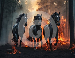 Three black horses running from fire