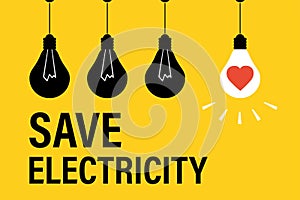 Three black lamp bulbs and one shine light bulb on yellow background. Save electricity, motivational banner. Bulb with red heart