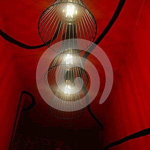three black lamps on the red wall, red background