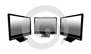 Three black lcd monitors isolated on the white