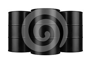 Three black metal barrels isolated close up, white background, oil drum, steel keg, tin canister, aluminium cask, petrol storage
