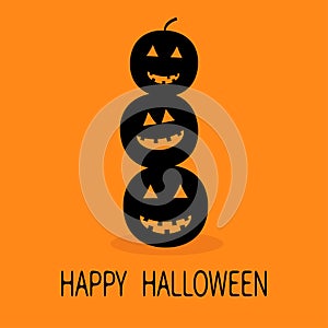 Three black silhouette funny smiling pumpkins. Cute cartoon baby character. Happy Halloween. Greeting card. Orange background.