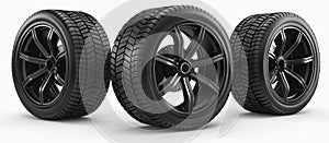 Three Black Tires on White Background