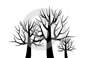 Three black trees. Trees without roots. Black elements of nature. Stock image