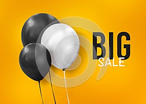 Three black and white balloons on yellow background. Big Sale concept