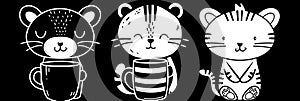 Three black and white cartoon cats with coffee mugs.