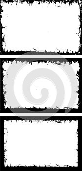 three black and white frames with ornate designs, three white vertical banners