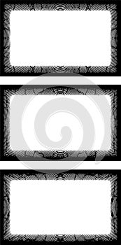 three black and white frames with ornate designs, three white vertical banners