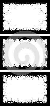 three black and white frames with ornate designs, three white vertical banners