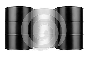 Three black and white metal barrels isolated close up, oil drum, steel keg, blank closed food tin can, aluminium cask, petroleum