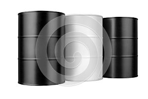 Three black and white metal barrels isolated close up, oil drum, steel keg, tin canister, blank closed food or paint can