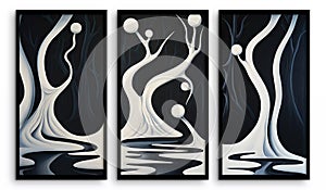 Three black and white posters with an abstract fantasy painting of forest and dark waters photo