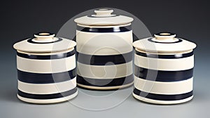 three black and white striped canisters on a gray background with a black stripe on the bottom of the canister and a white one