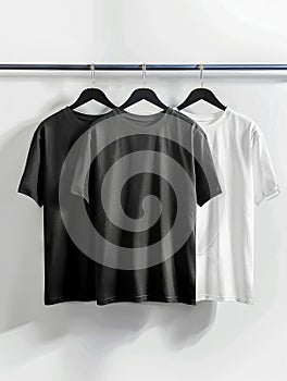 Three black and white t - shirts hanging on a rack photo